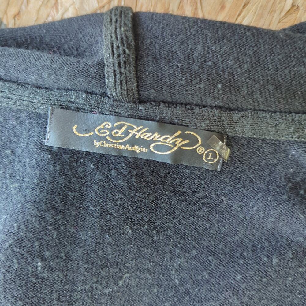Ed Hardy Love Kills Slowly Knit Zip Hoodie Women's Large Rhinestone Collectible - Picture 7 of 8